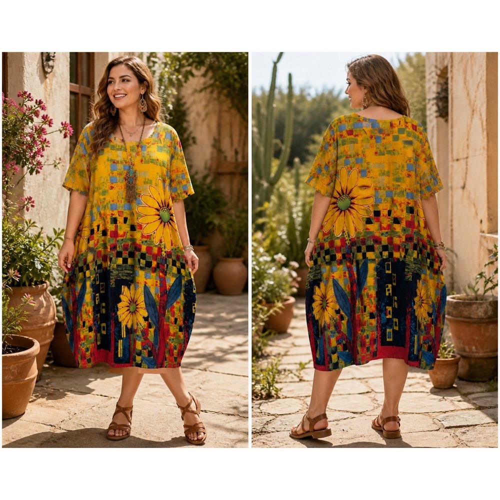Zanzea 100% Cotton Artsy Sunflower Geometric Short Sleeve Pockets Midi Dress 5XL